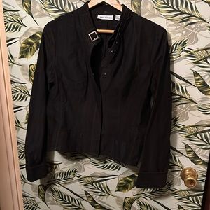 EE31 black jacket with belt buckle at neck Gene Meyer 10